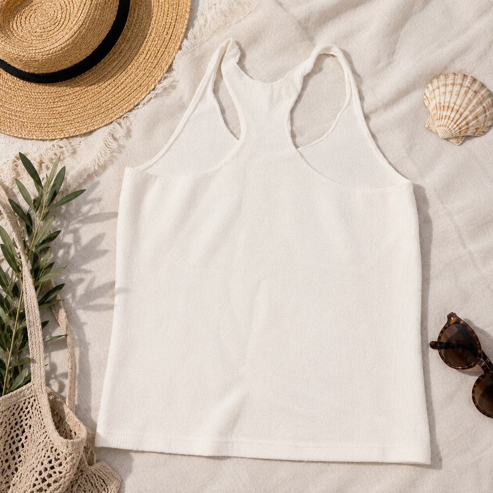 Kari England Nantucket White Textured Knit Tank Top Size S Coastal Minimalist